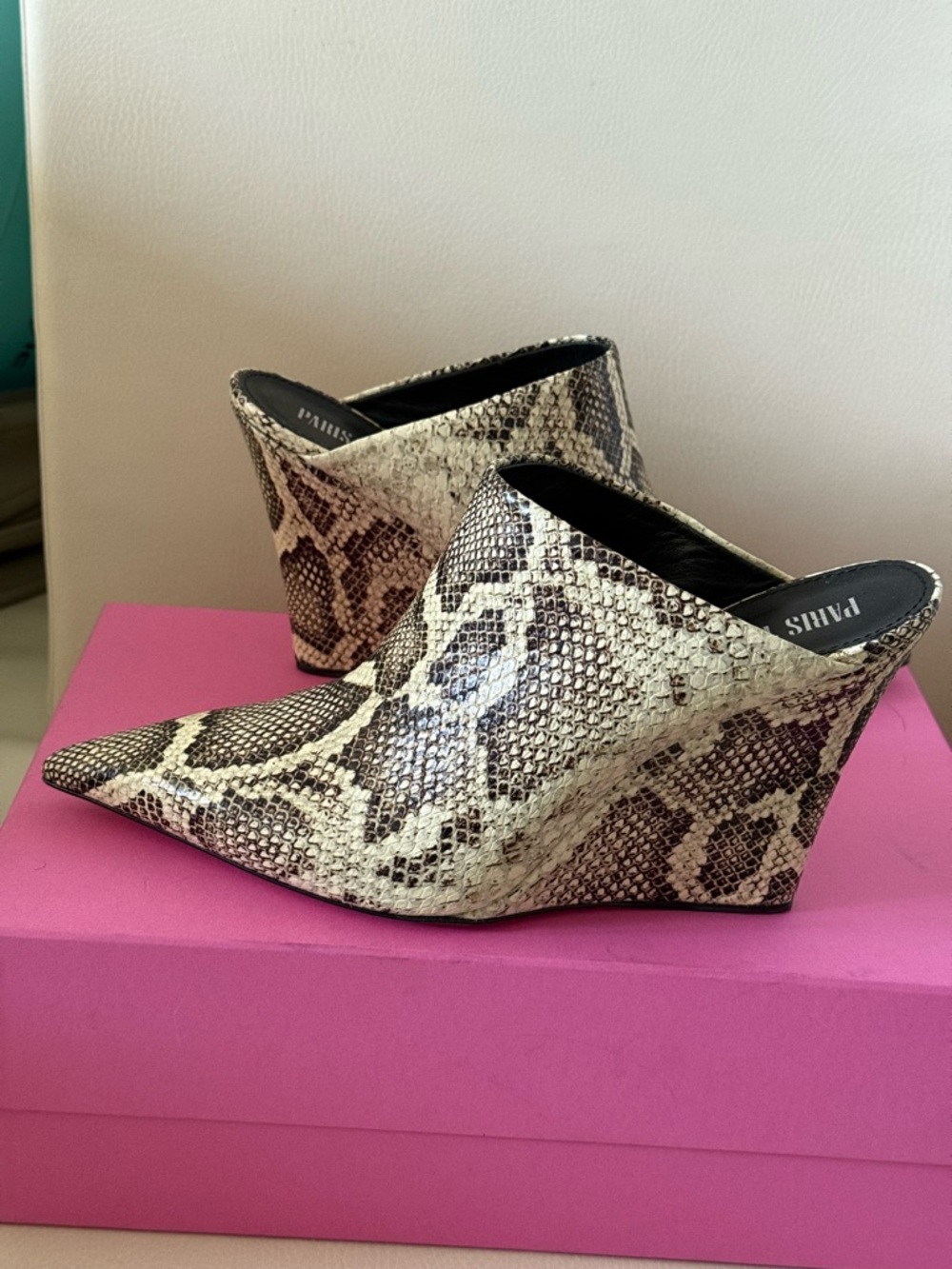 Paris Texas Snake-Print Slip-On Mules in Ivory and Black
